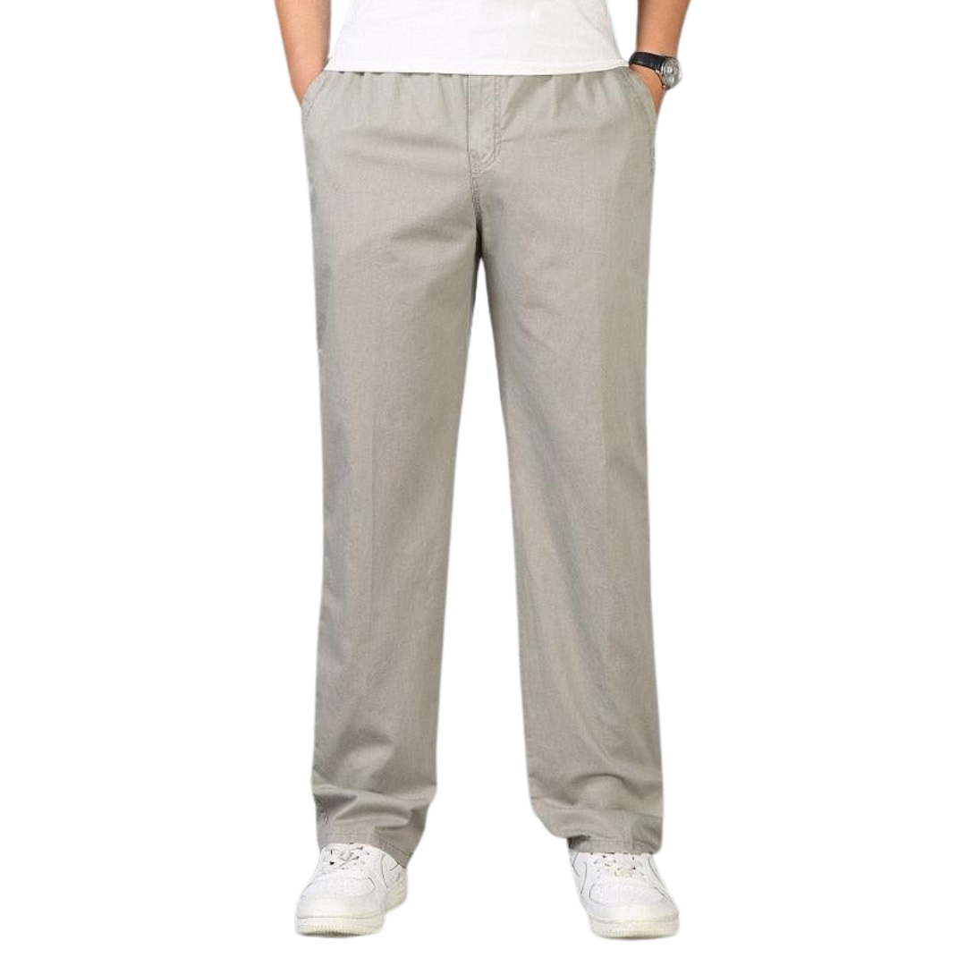 Light gray linen pants with elastic waist and tapered straight legs