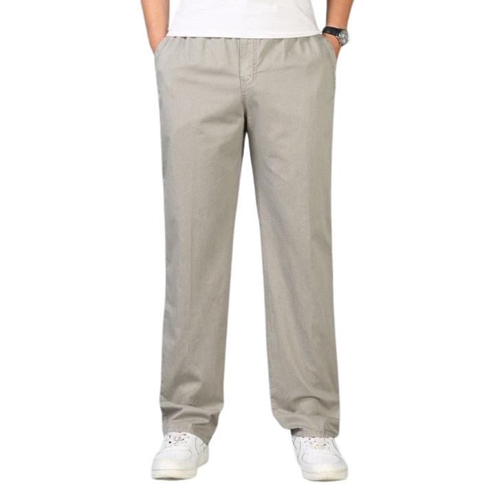Light gray linen pants with elastic waist and tapered straight legs