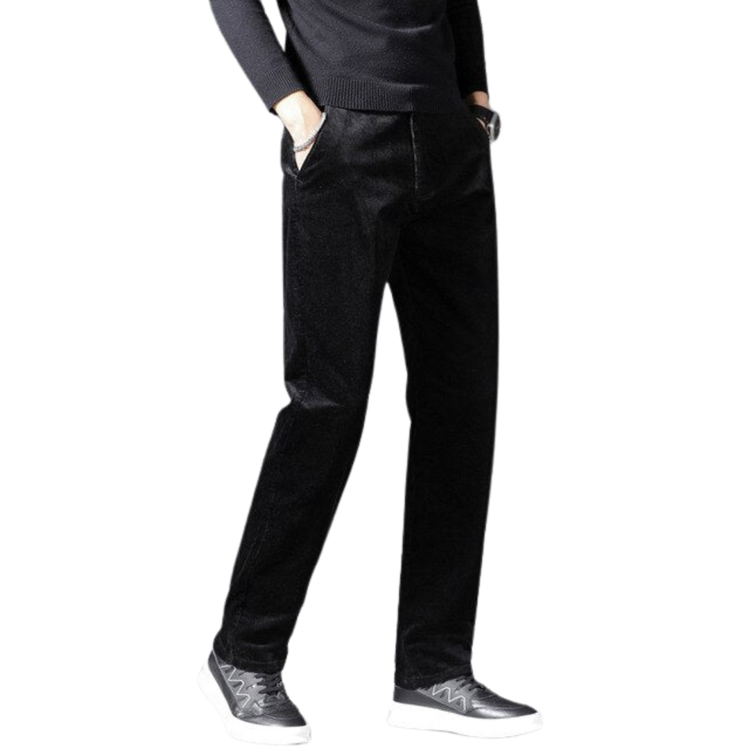 Medium-waist corduroy pants in black, straight leg with front pockets