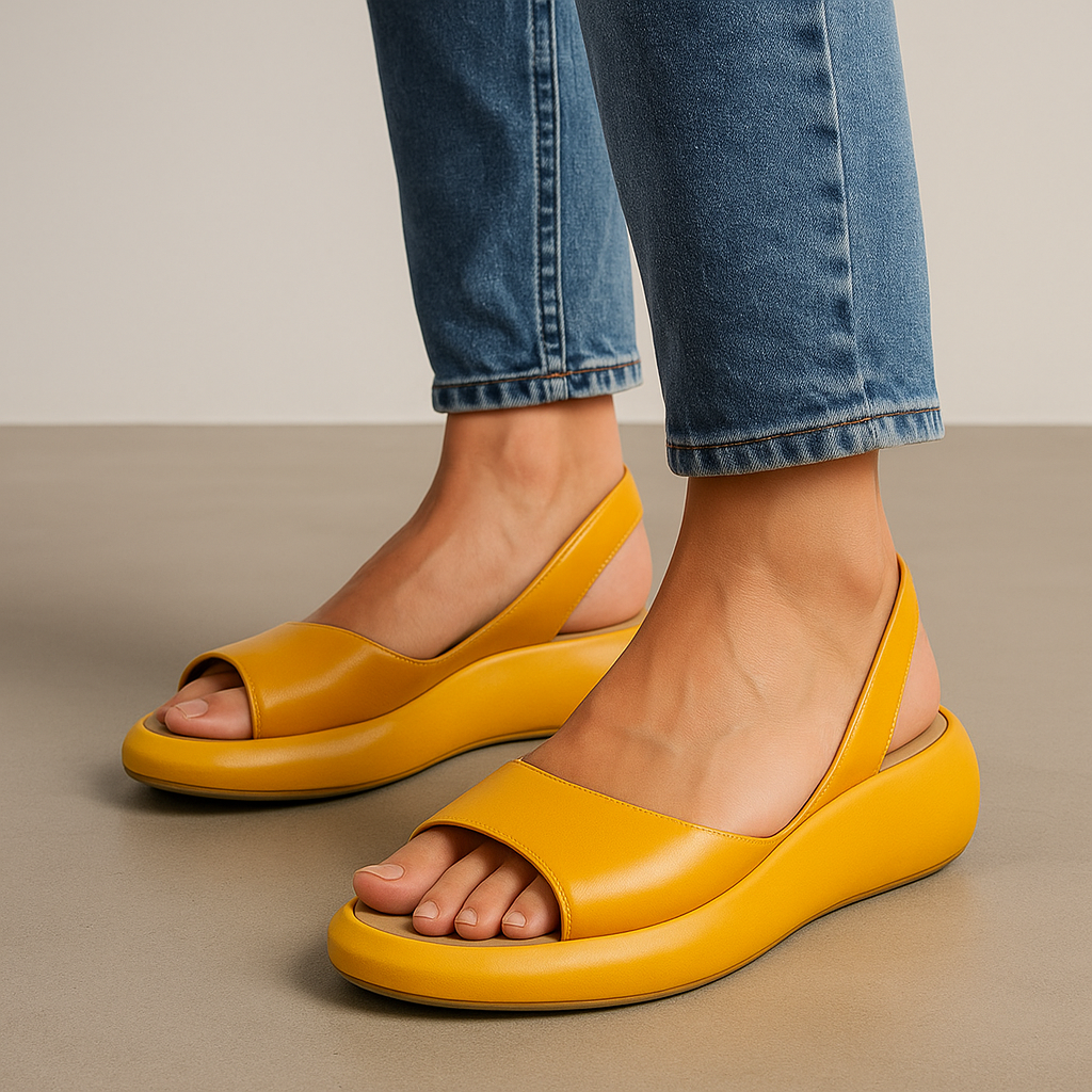 Orthopedic open-toe sandals, yellow slip-on with wide strap and low cushioned platform.