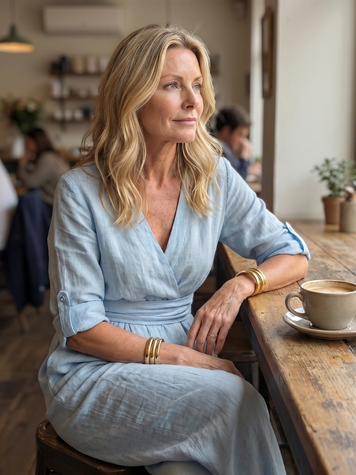 Sky blue wrap jumpsuit with V-neck, three-quarter sleeves, and wide-leg pants
