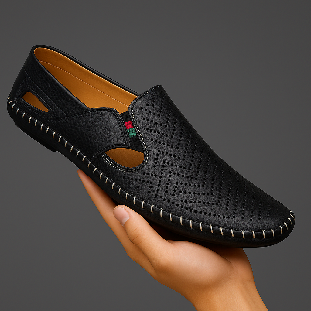 Black perforated slip-on sandals with moc toe and contrast stitched rubber sole