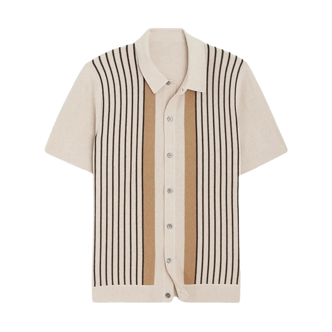 Button-up polo shirt: beige knit with vertical black stripes and button-front placket