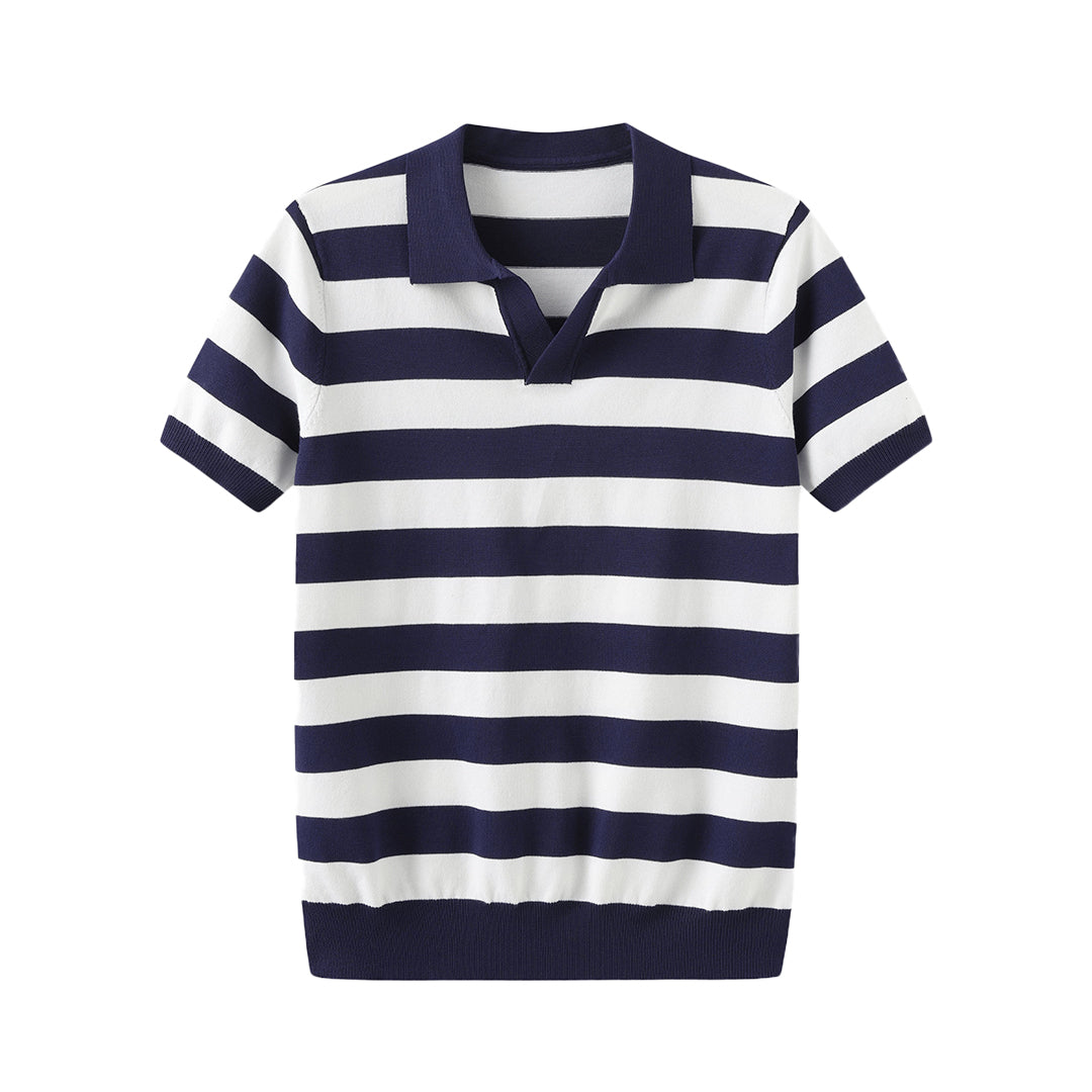 Men's striped polo shirt with navy-and-white horizontal stripes and short sleeves