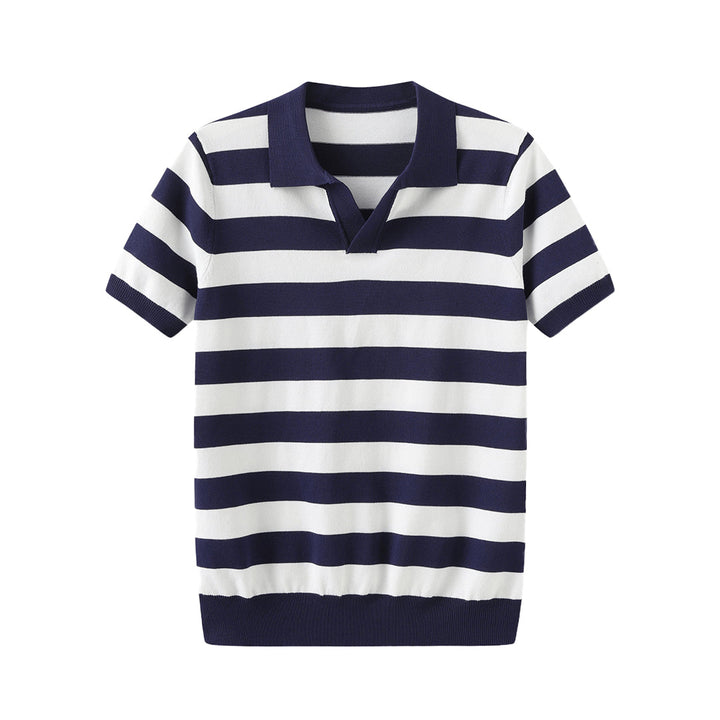 Men's striped polo shirt with navy-and-white horizontal stripes and short sleeves