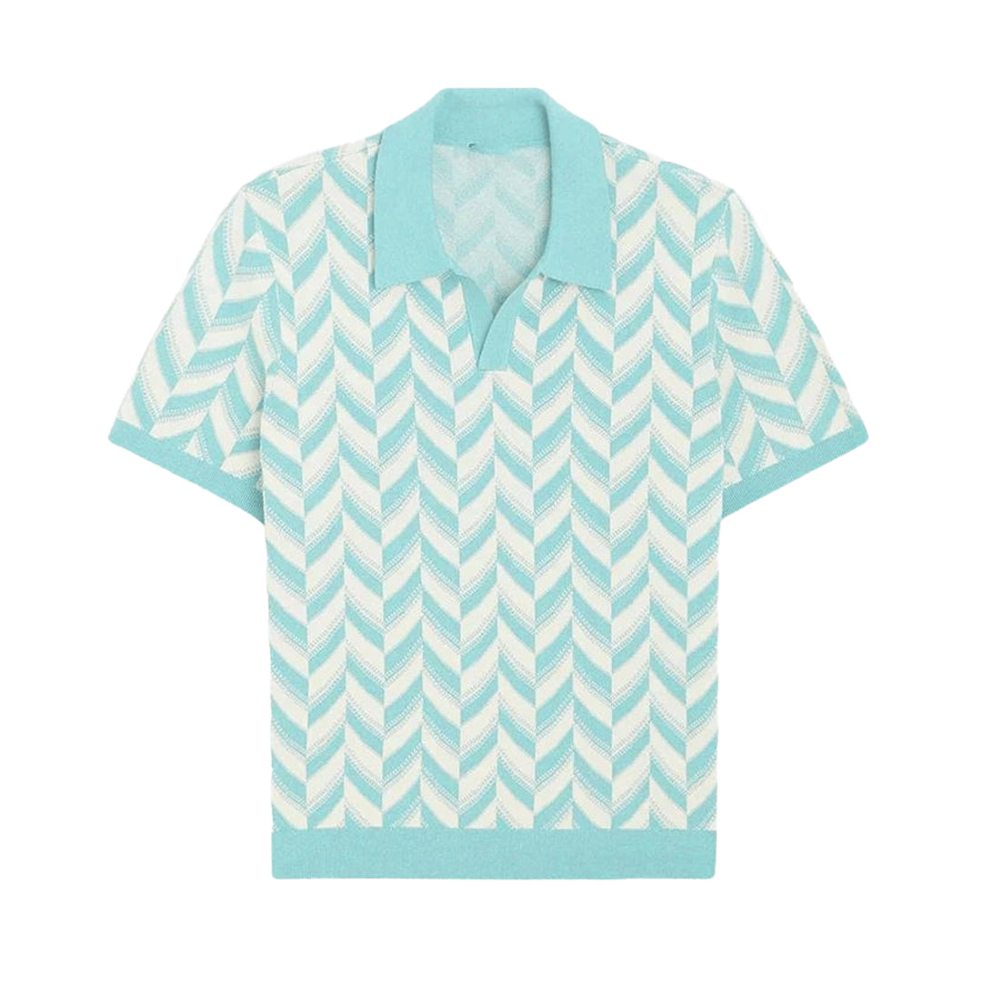 Light blue v-neck polo with chevron stripe knit