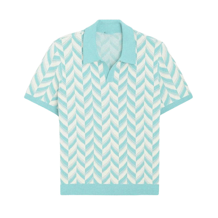 Light blue v-neck polo with chevron stripe knit