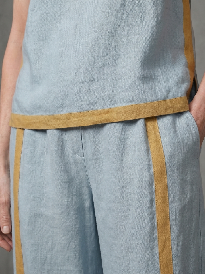 Sky blue linen waistband and pocket area with tan contrast trim stripe