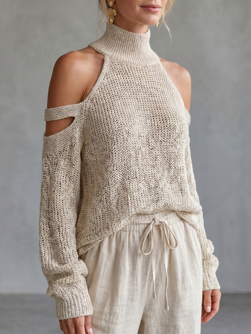 Women’s cutout sleeve knit sweater, light beige open-shoulder knit with ribbed neck and cuffs