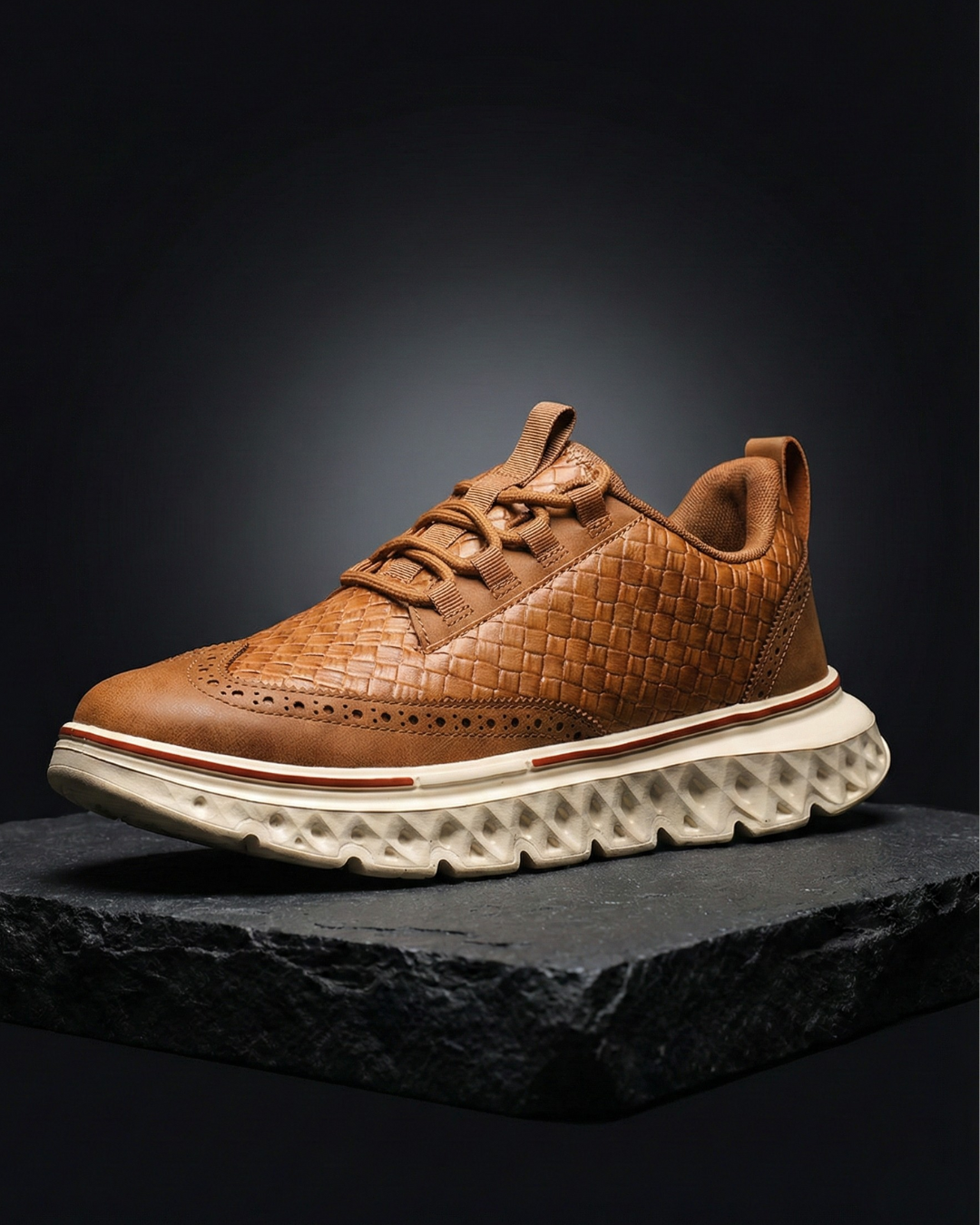 Cognac dress sneaker with woven texture, lace-up front, and white tread sole
