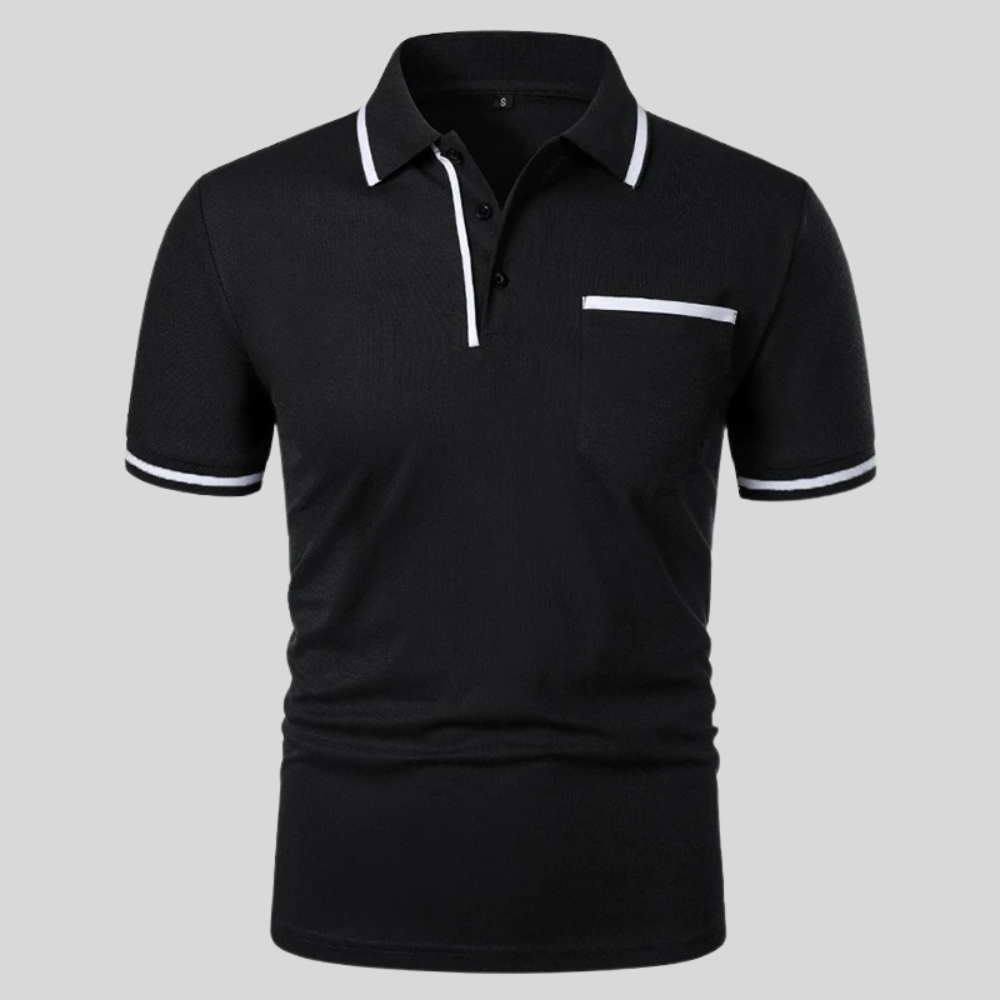 Black short-sleeve polo shirt with white collar trim, button placket, and chest pocket.