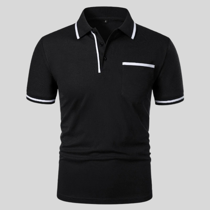 Black short-sleeve polo shirt with white collar trim, button placket, and chest pocket.