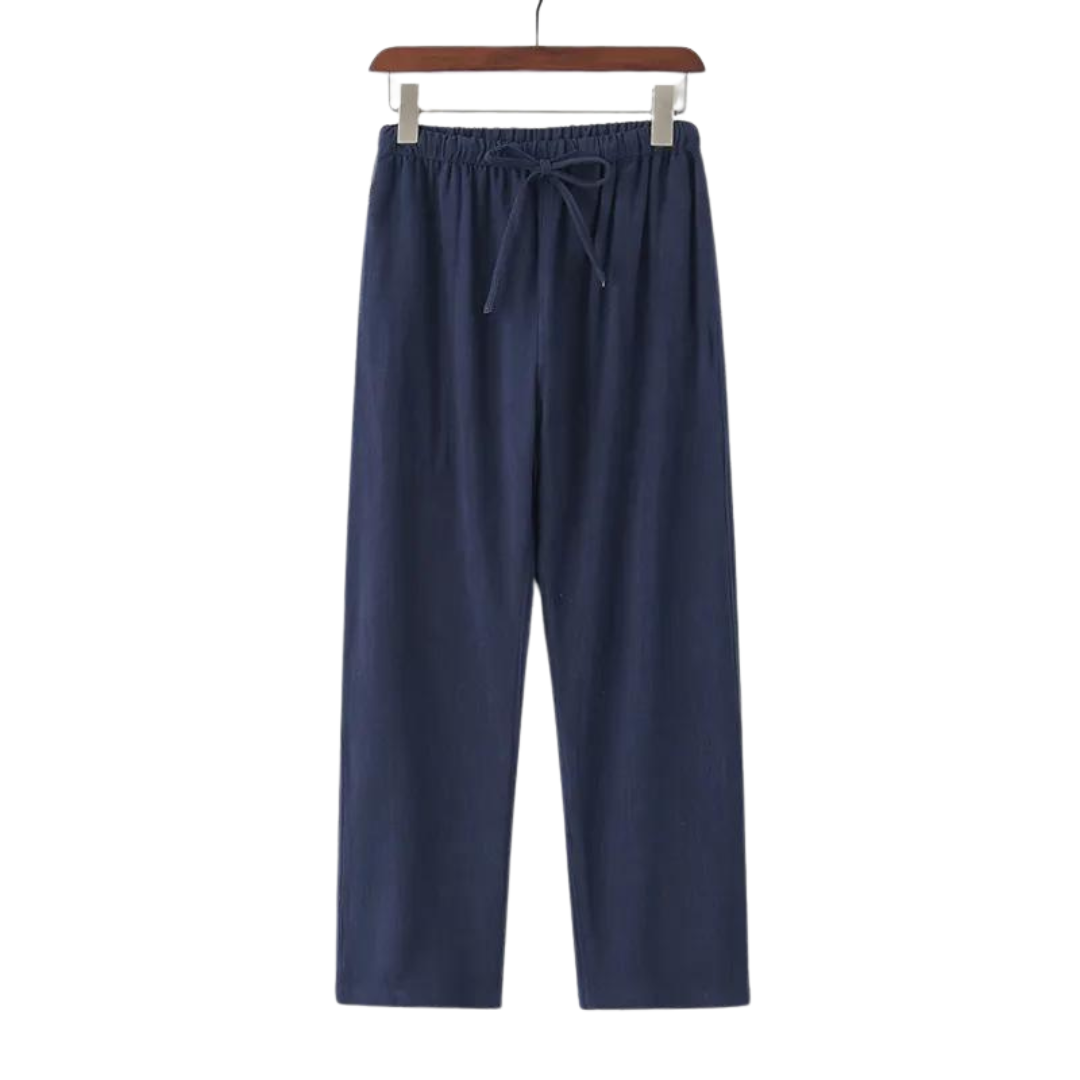 Navy linen pants with elastic waistband and tie drawstring, straight relaxed legs