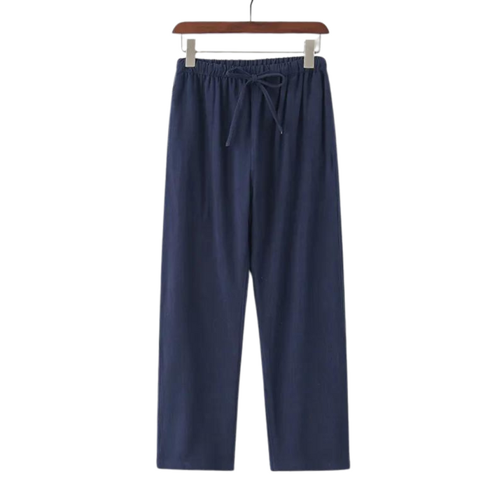 Navy linen pants with elastic waistband and tie drawstring, straight relaxed legs