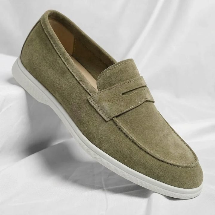Men's suede loafers in olive green with slip-on strap and white rubber sole