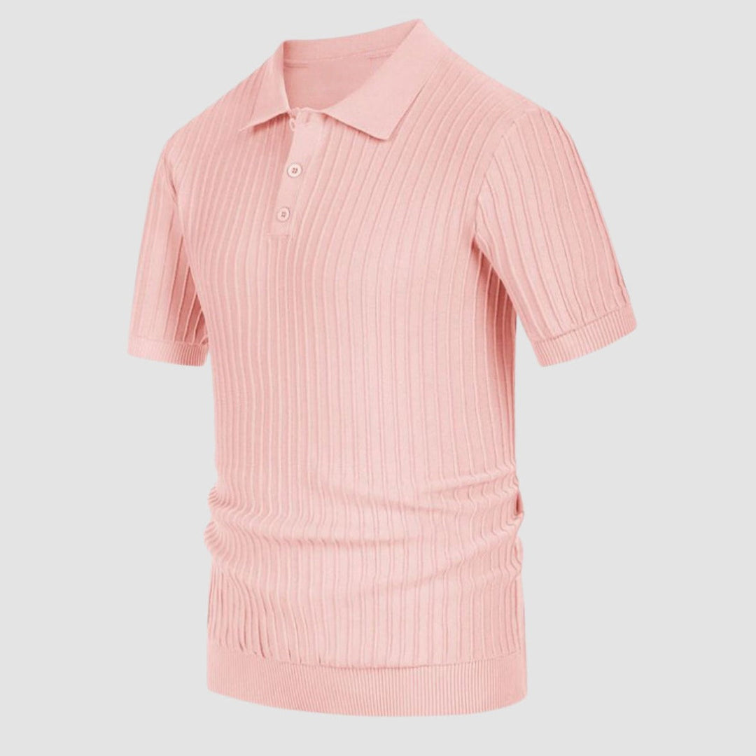 Pink rib-knit polo shirt, front view with button placket and short sleeves