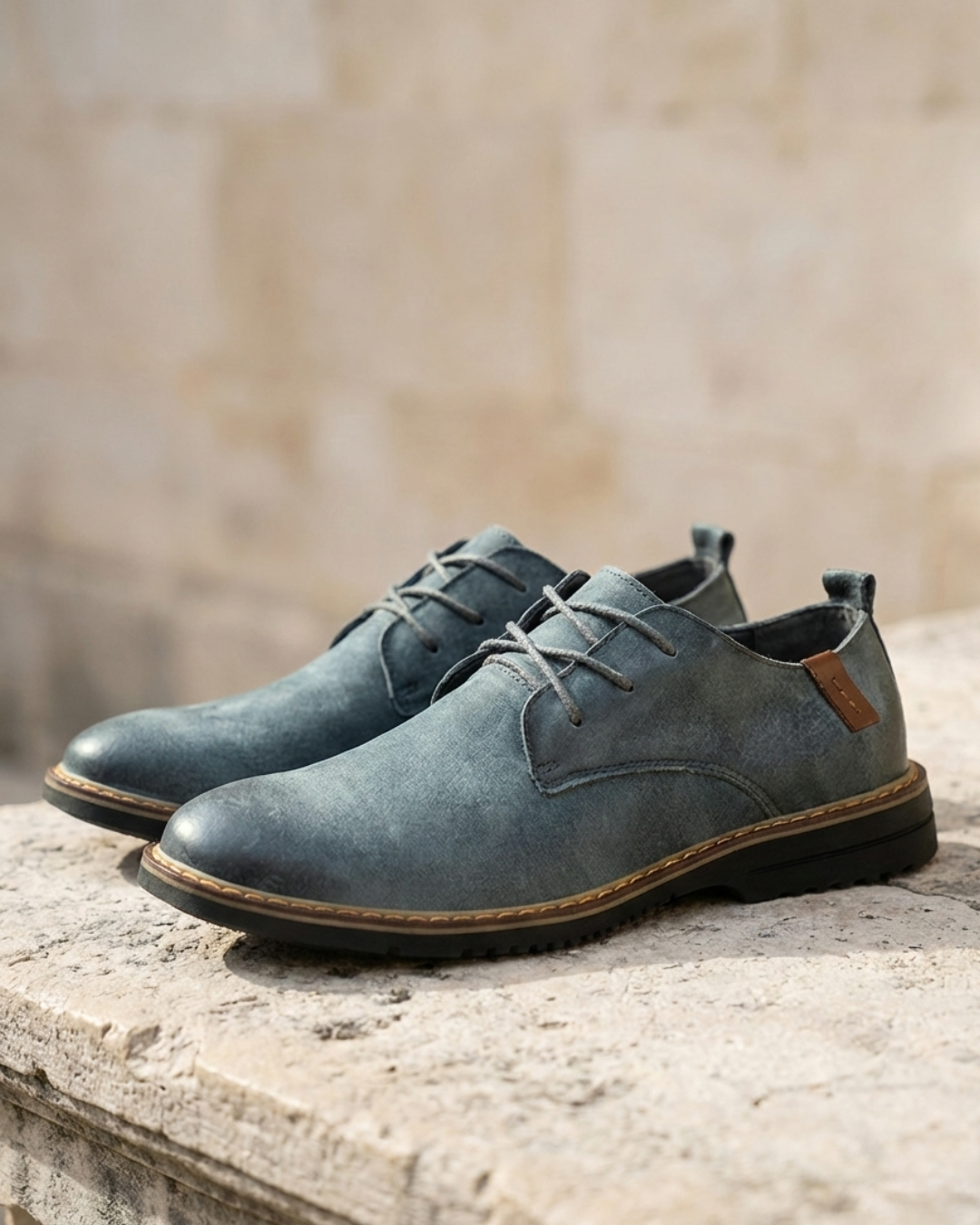 Slate leather Oxford shoes, lace-up with padded collar and tan-trim rubber sole