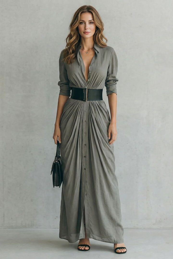 Gray shirt dress with V-neck, button front, waist belt, gathered long skirt.