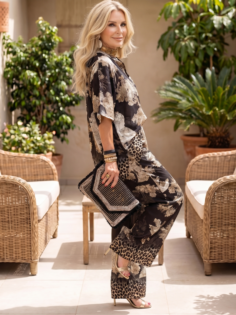Floral printed wide-leg pants set, black with beige tones, side view of top and pants