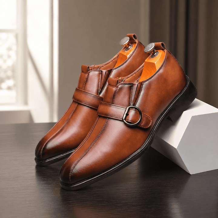 Brown leather formal monk-strap shoes with two buckles and stitched panels