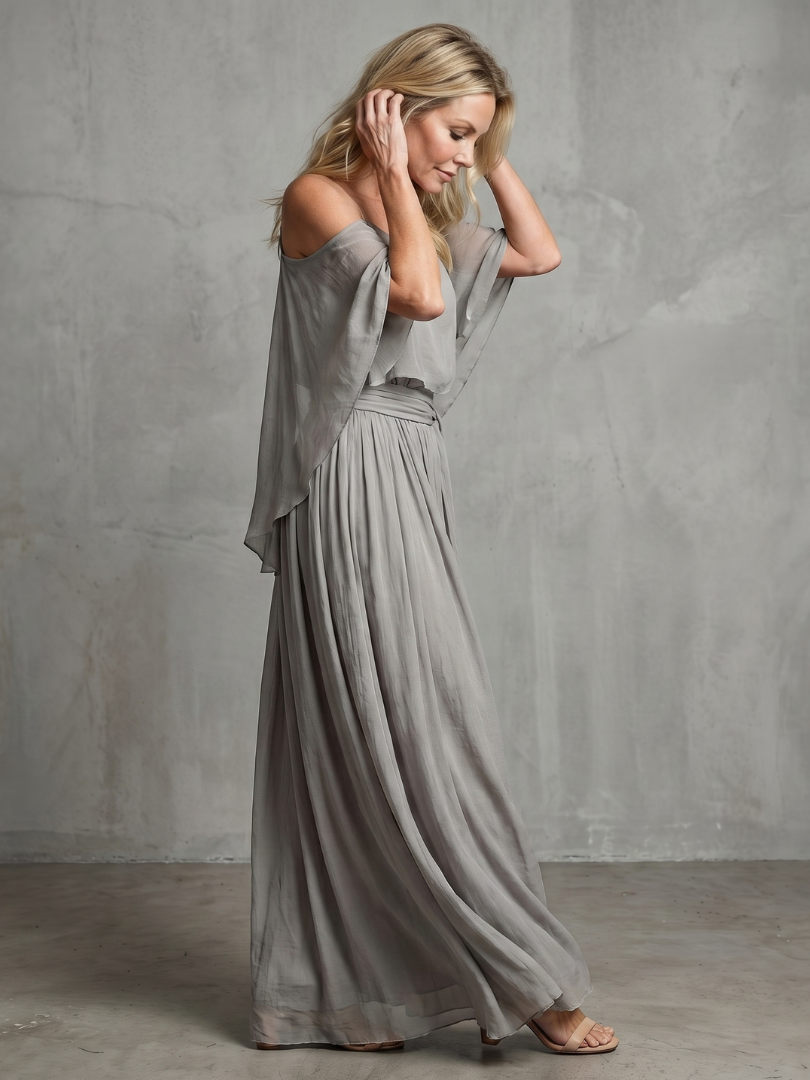 Gray cold-shoulder maxi dress with draped sleeves and gathered pleated skirt