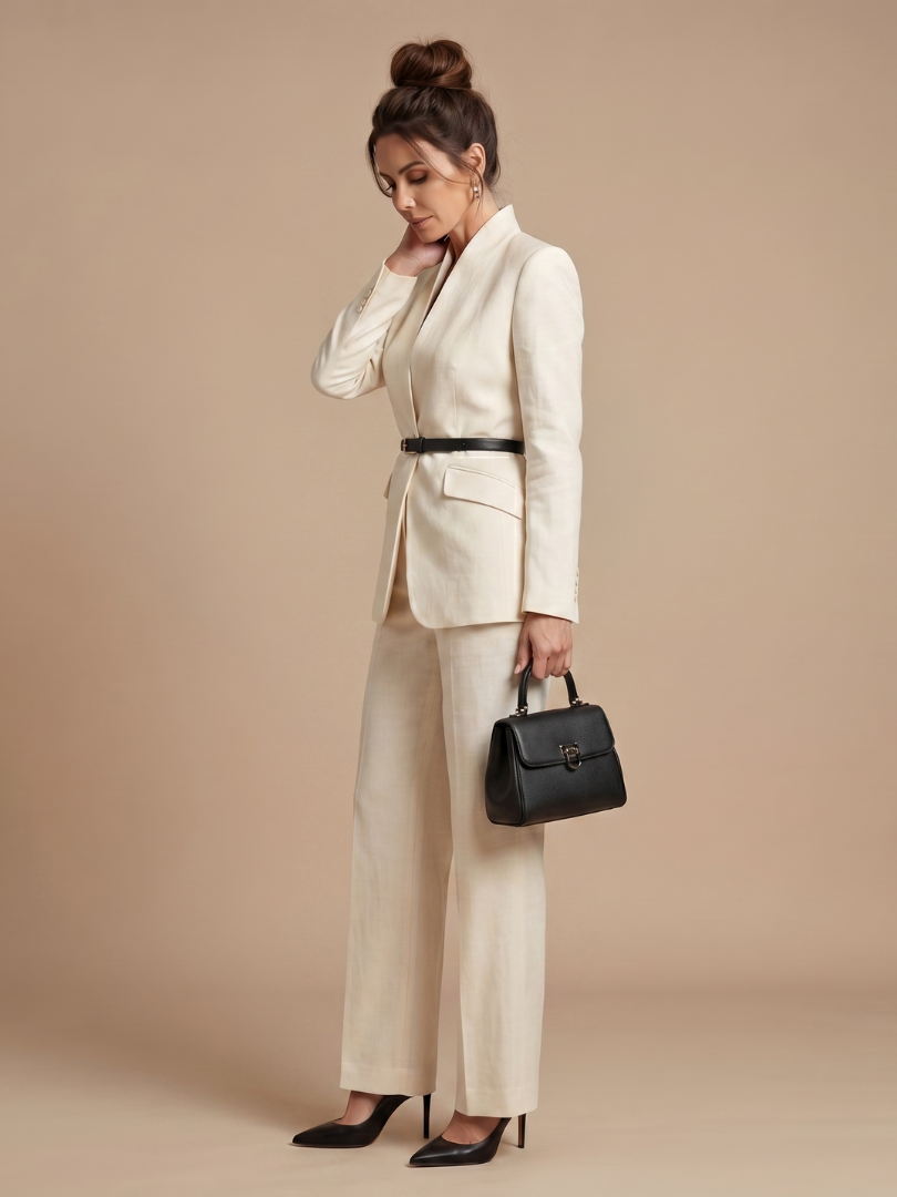 Women's belted blazer set in white with blazer pockets and matching straight-leg trousers