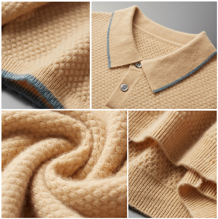 Beige knit polo fabric close-up with textured weave and seam lines