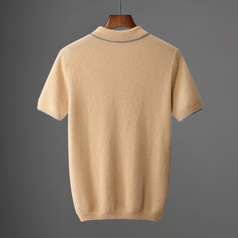 Beige knit polo shirt back view with short sleeves