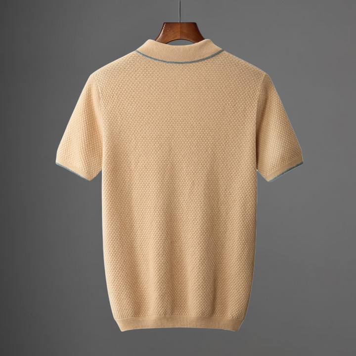 Beige knit polo shirt back view with short sleeves