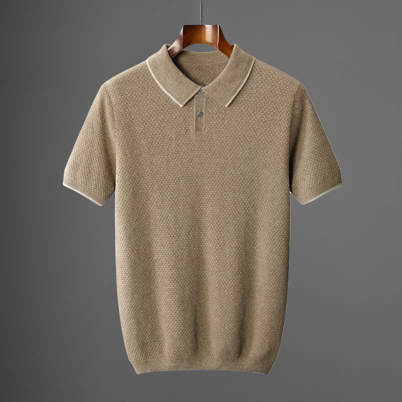 Beige knit polo shirt on hanger with short sleeves and collar