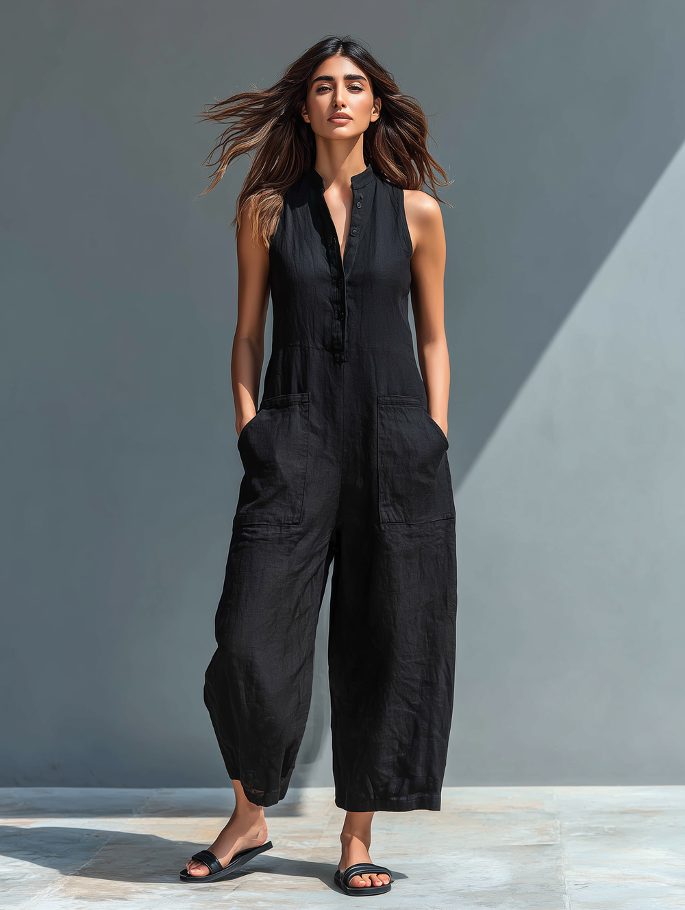 Sleeveless utility jumpsuit, black, sleeveless button-front and cargo-style patch pockets