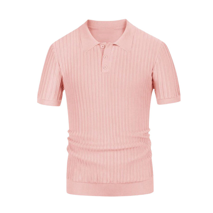 Pink rib-knit polo shirt with button placket, short sleeves, and knit collar