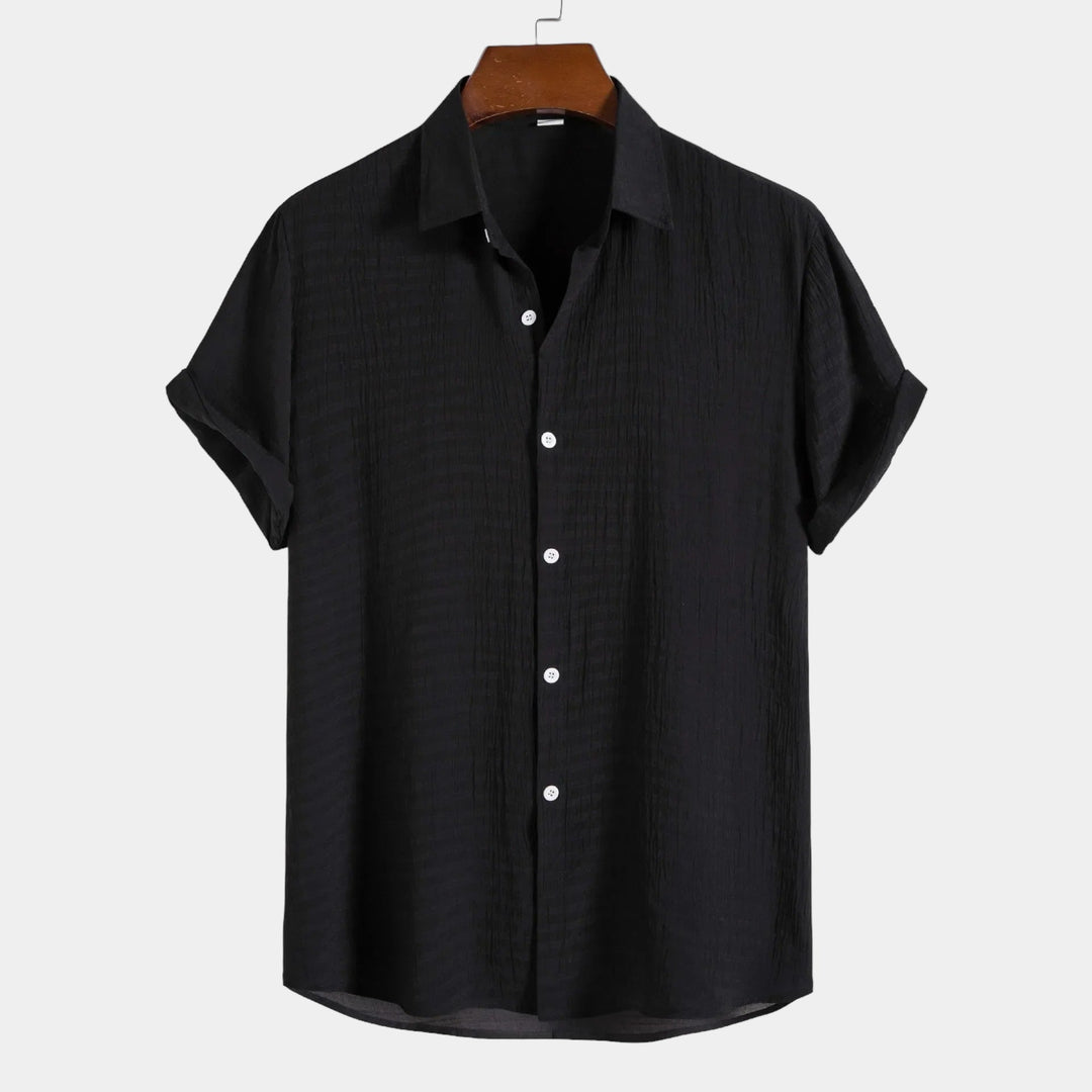 Dark short-sleeve summer shirt with pointed collar and button-front placket