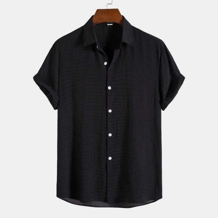 Dark short-sleeve summer shirt with pointed collar and button-front placket
