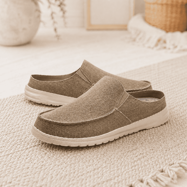 Slip-on shoes in beige textured fabric with cushioned white rubber sole