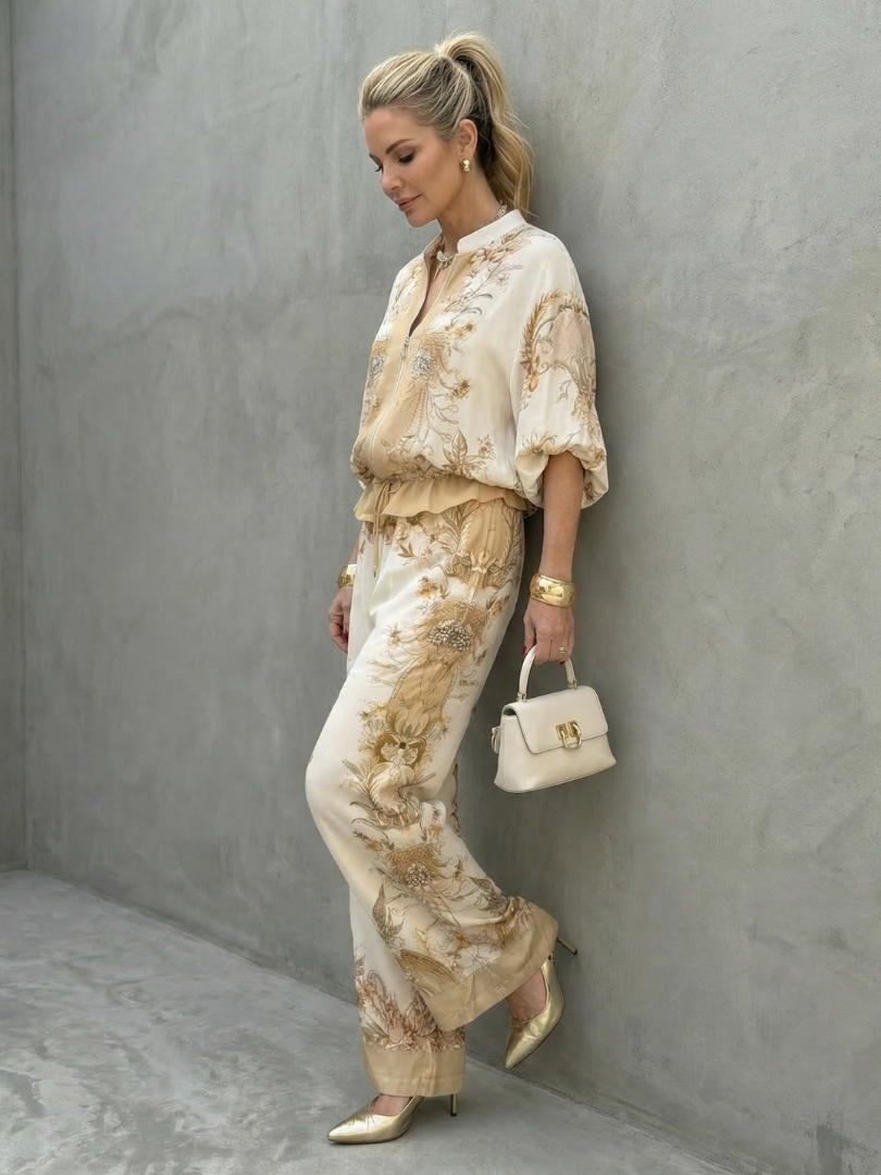 Printed pants set in cream with tan floral, zip-front blouse and wide-leg pants