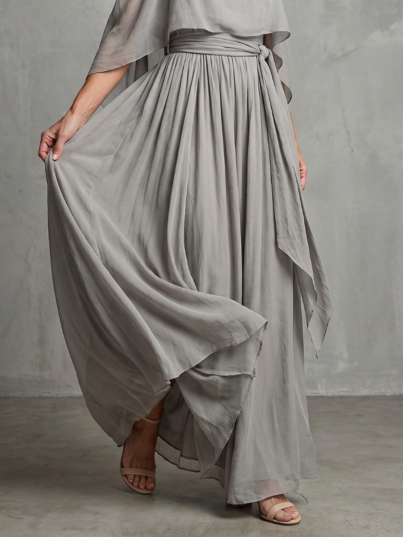 Gray pleated maxi skirt with flowing overlay, adjustable gathered waist