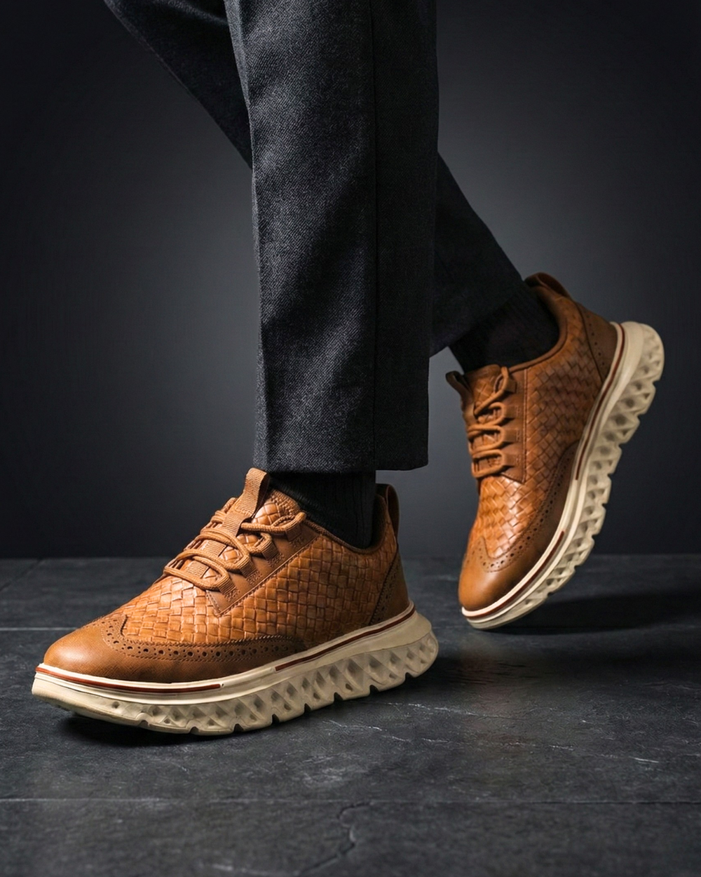 Cognac lace-up dress sneakers with quilted upper texture and chunky white outsole