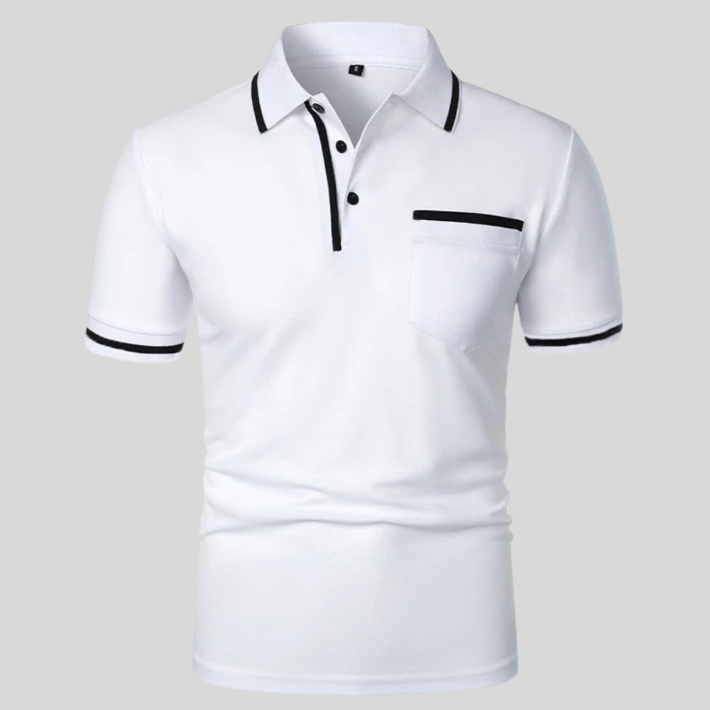White short-sleeve polo shirt with black trim, button placket, and chest pocket.