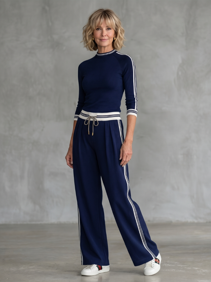 Navy stripe lounge set: mock neck top and wide-leg joggers with drawstring waist