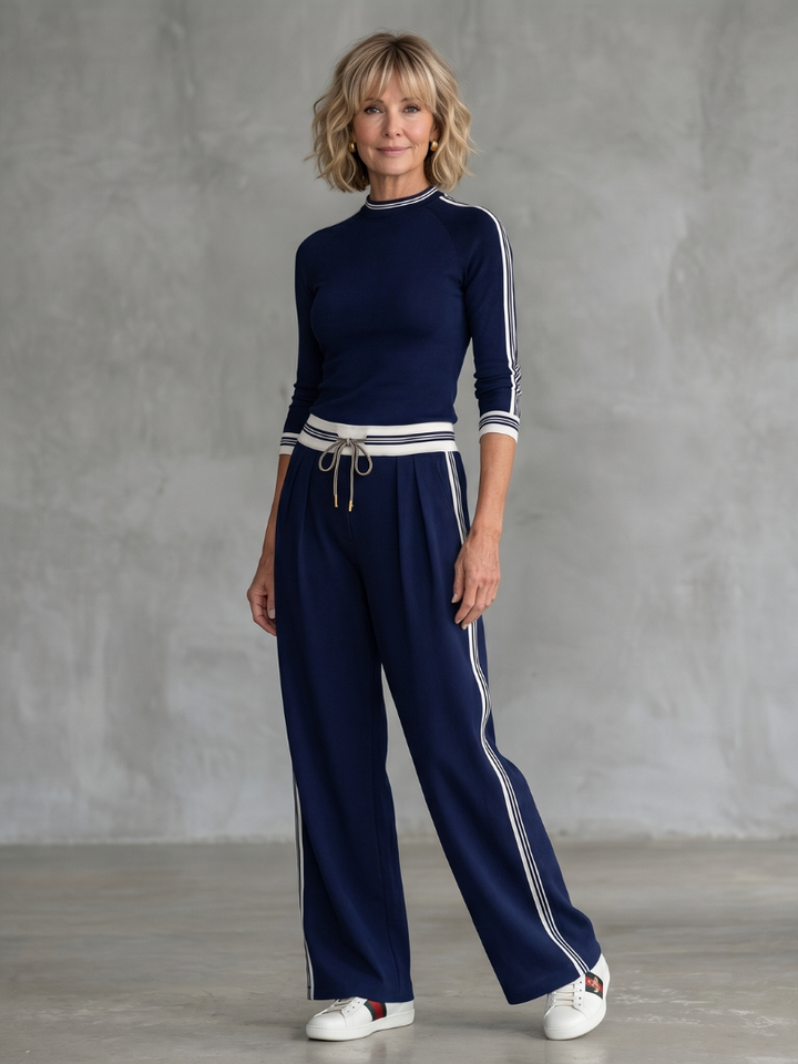 Navy stripe lounge set: mock neck top and wide-leg joggers with drawstring waist