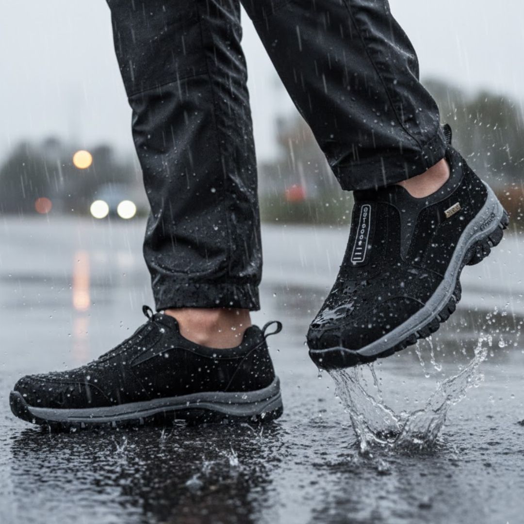 Dark trail slip-on sneakers with textured sole and water-splash appearance