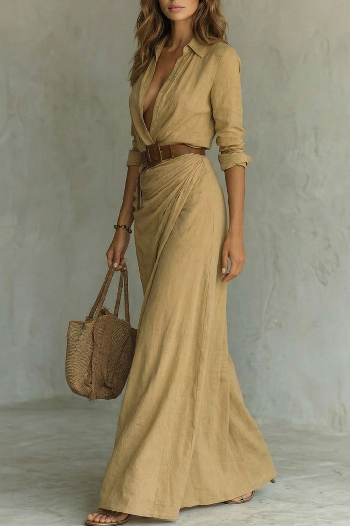 Tan wrap maxi dress with deep V neckline, long sleeves and side drape