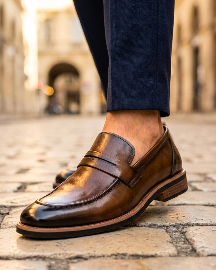 Brown leather loafer with strap detail and low stacked sole
