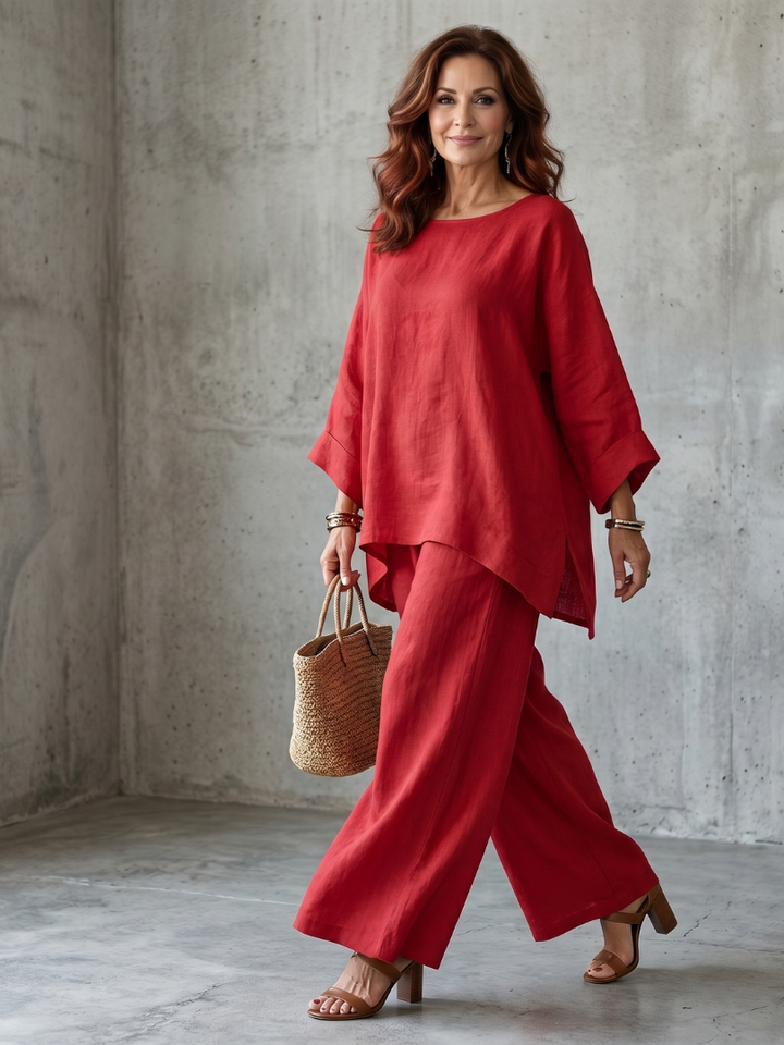 Red two-piece wide-leg pants set with loose blouse and wide-leg trousers, full body