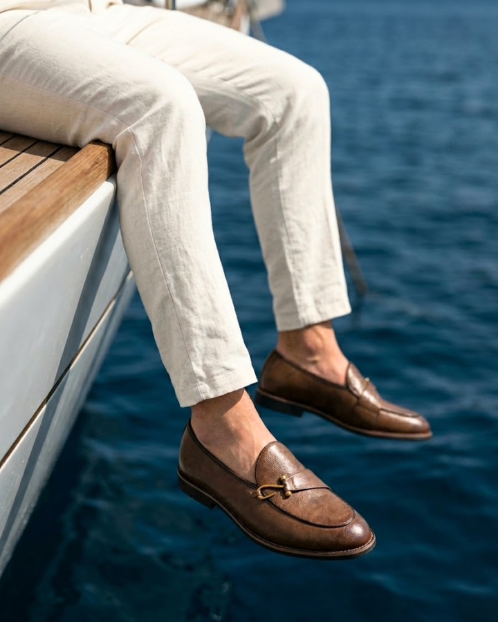 Brown leather nautical loafer with gold-toned bit detail, worn with light pants
