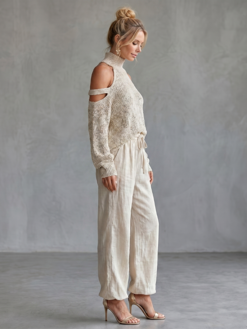 Women’s cutout sleeve knit set, light beige cold-shoulder sweater and drawstring wide-leg pants