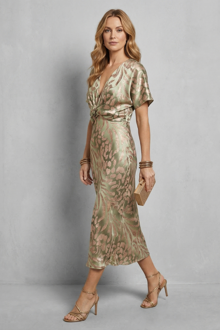 Green patterned draped V-neck maxi dress with knot tie waist and short flutter sleeves