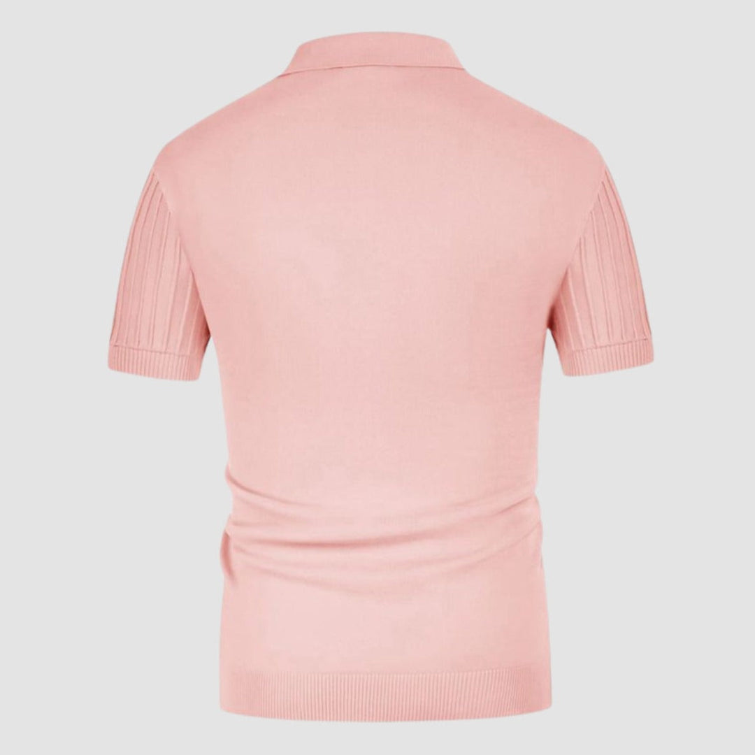 Pink rib-knit polo shirt, back view with short sleeves and banded hem