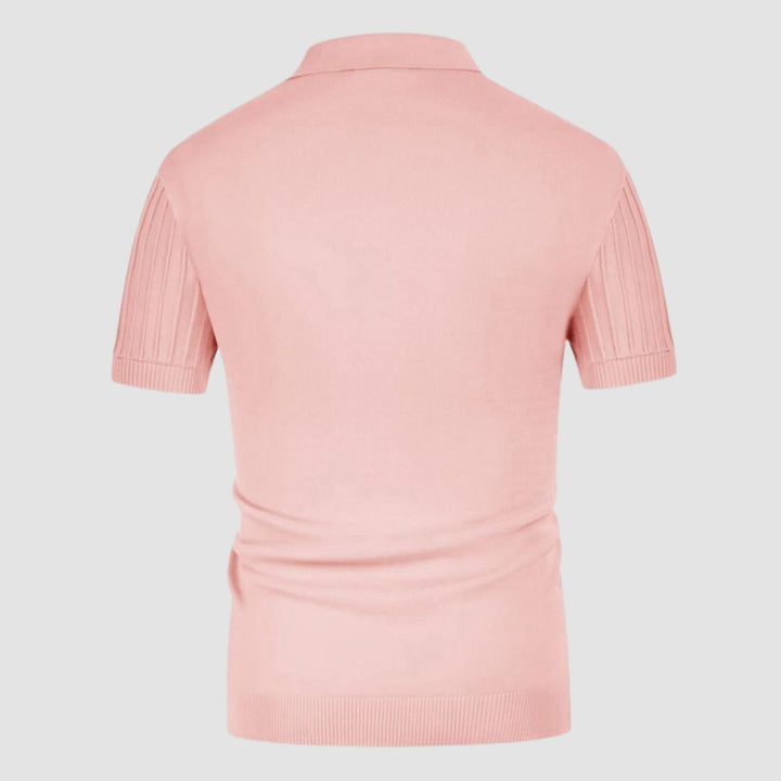 Pink rib-knit polo shirt, back view with short sleeves and banded hem